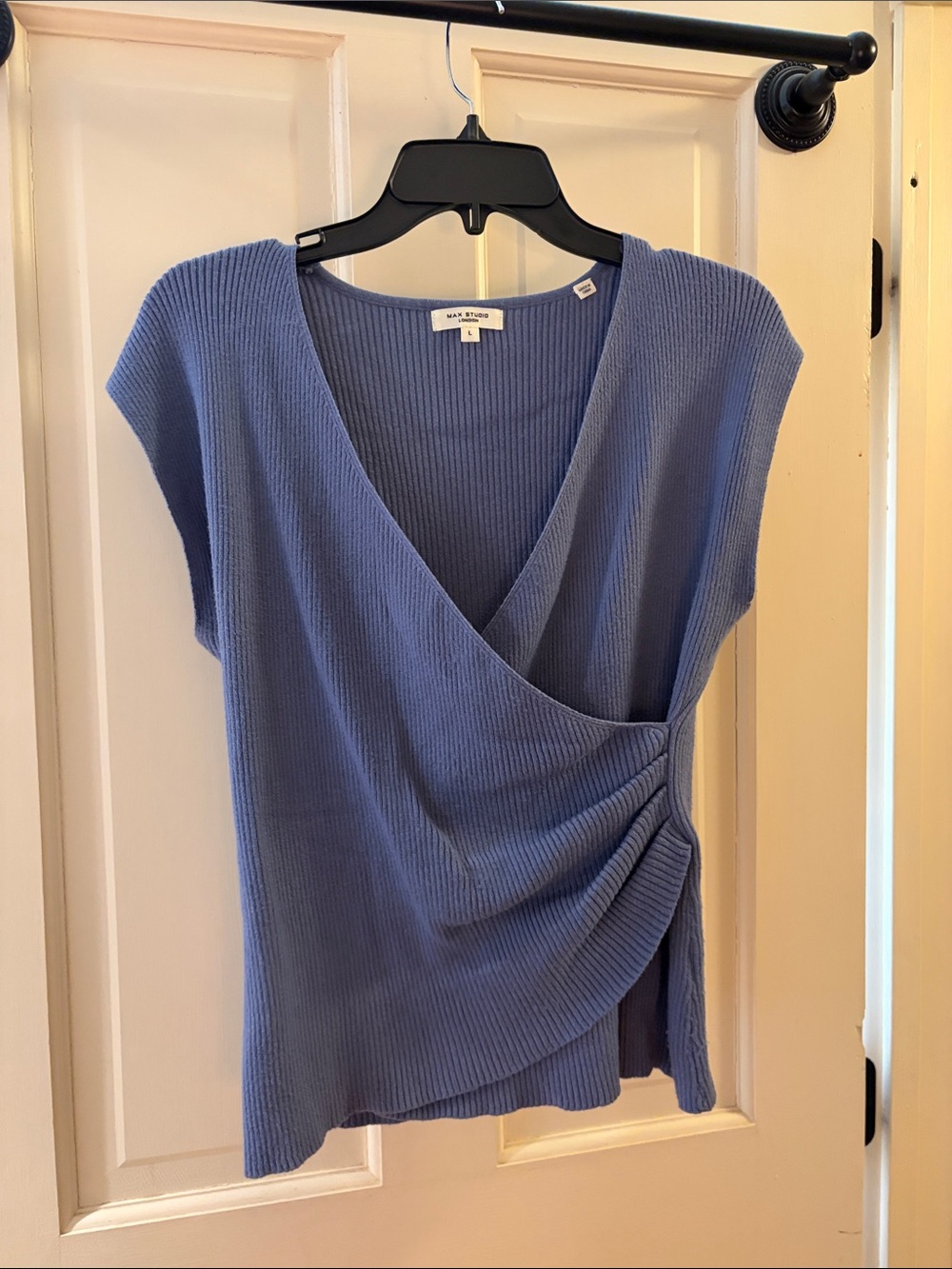 Max Studio Blue Ribbed Wrap-Front Tank Top